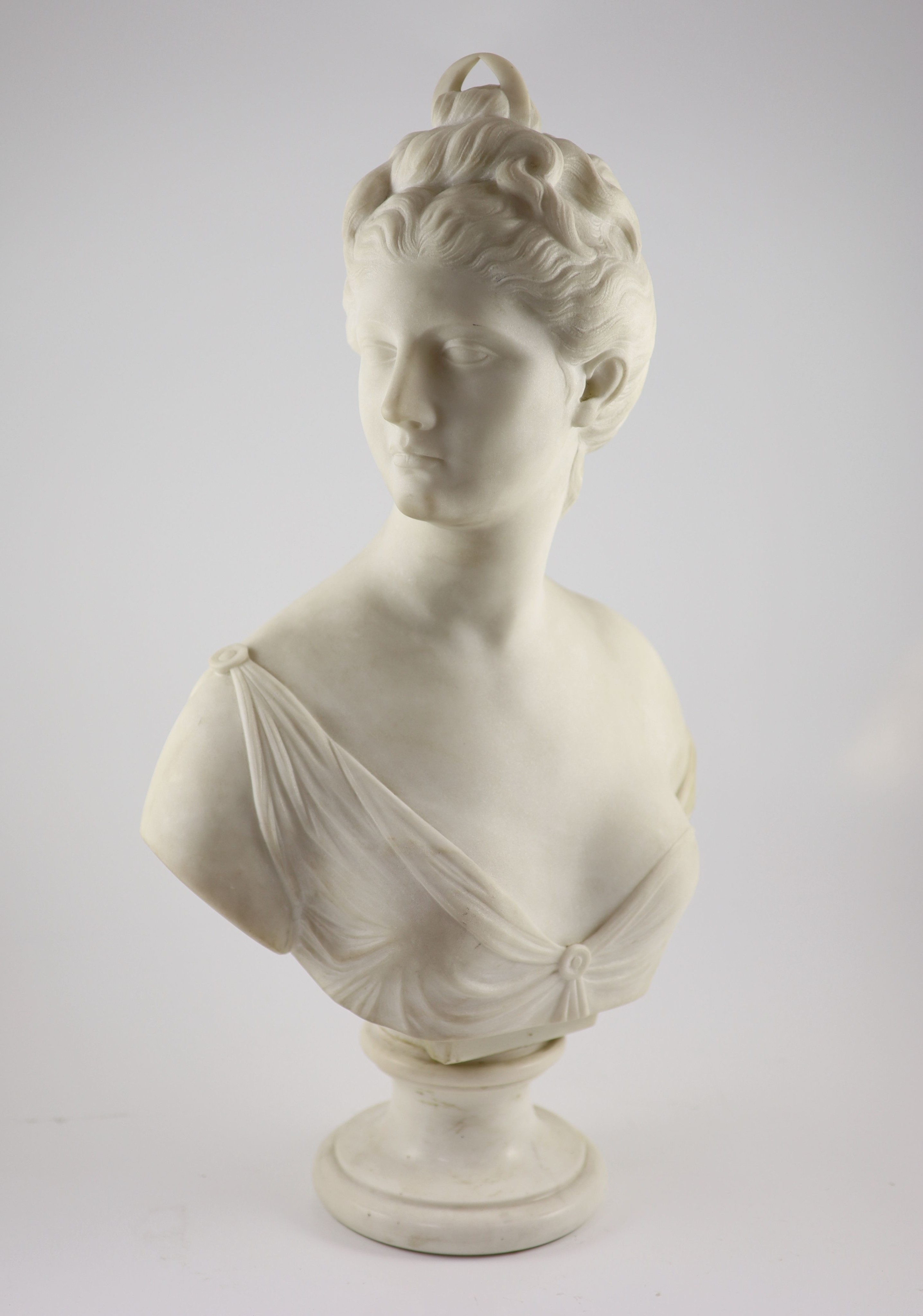 After Jean-Antoine Houdon (1786-1846), a late 19th century white marble bust of Diana the Huntress H 62cm.